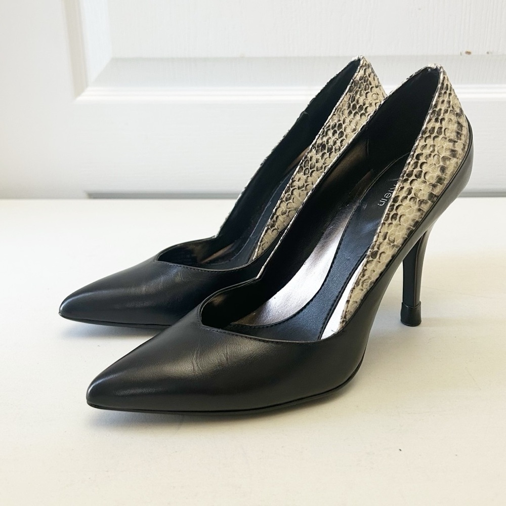 Calvin Klein Black and Snake Print Leather High Heels Pointed Toe Pumps Size 7 - Picture 5 of 15